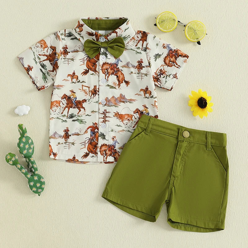 Adorable Baby Boy Cowboy Style Outfit with Plaid Shirt and Denim Shorts for Western Themed Events and Parties