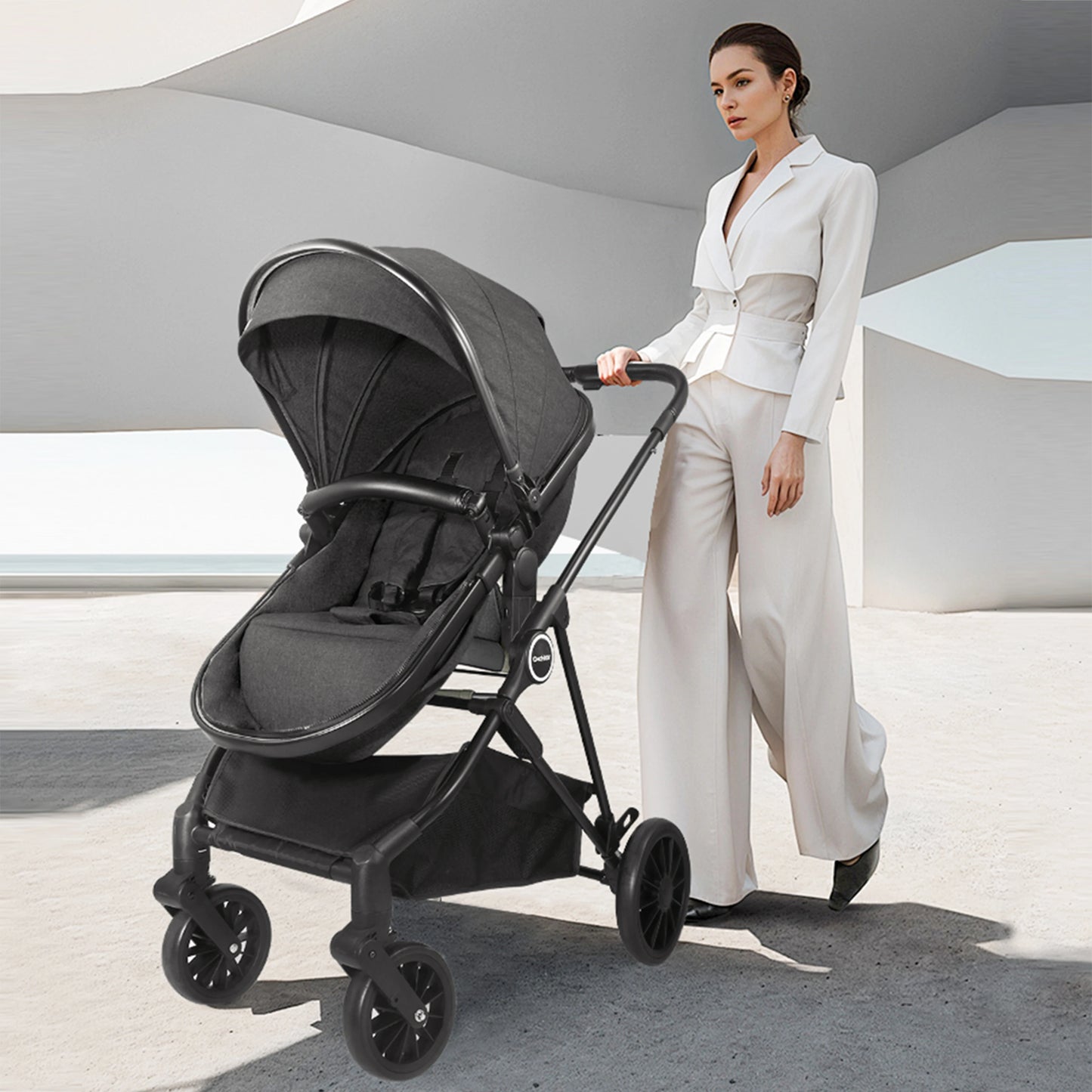 2-in-1 Baby Stroller，Folding High Landscape Pram Pushchair, Adjustable Handler, Extra Storage, Spacious Seat, Removable Footmuff