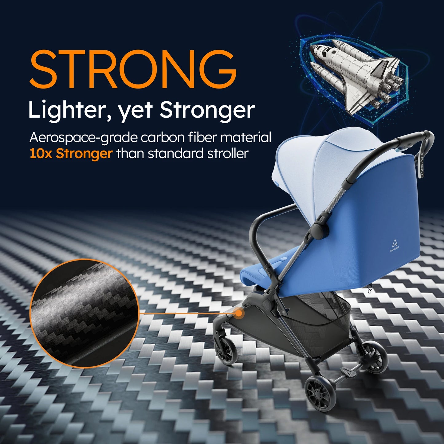 Ultra Air X Portable Baby Stroller 9.9lbs Carbon Fiber Frame with Safety Belt & Storage (BLUE)