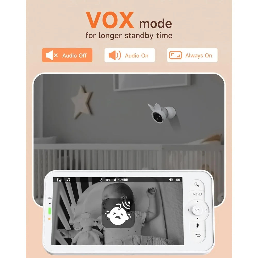 Baby Monitor with 2 Cameras, 2K Smart Baby Camera with 5'' Upgraded Wireless Display, Super Night Vision, Breathing Light, Lull