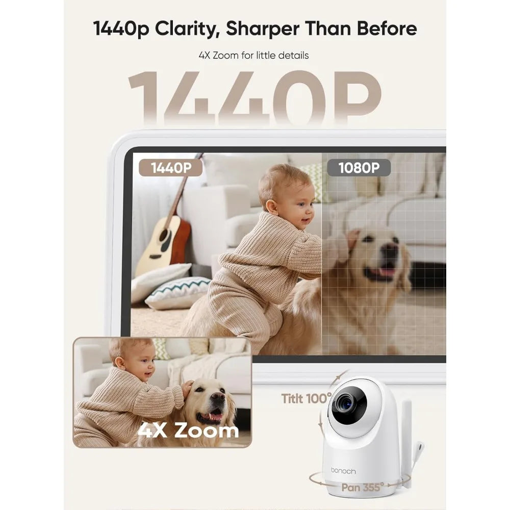 5.5" 1440p Baby Monitor with 2 Cameras, Dual Video Monitor with Split Screen, Smart No WiFi Baby Camera, Detect Sleep Turn Over