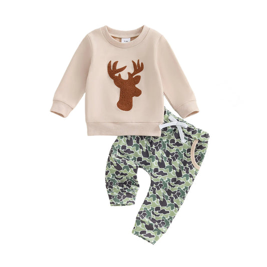 Toddler Boy Winter Outfit Reindeer Print Hoodie and Camo Joggers Set for Baby Boys Long Sleeve Sweatshirt and Pants