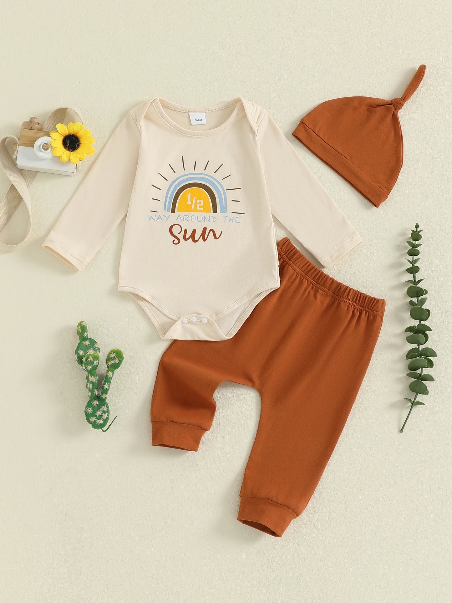 Infant 6 Month Celebration Ensemble with Sun Letter Print Long Sleeve Romper Solid Pants and Cap - 3 Piece Set for Half