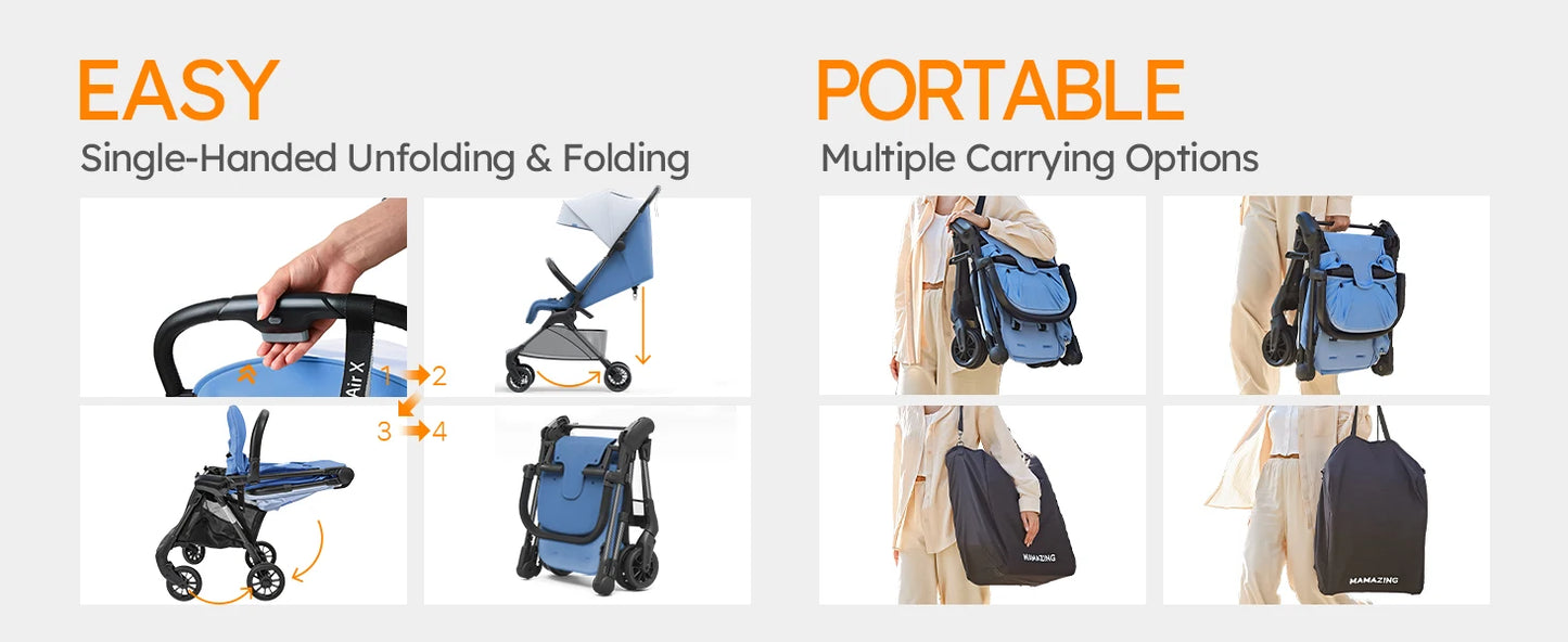 Ultra Air X Portable Baby Stroller 9.9lbs Carbon Fiber Frame with Safety Belt & Storage (BLUE)