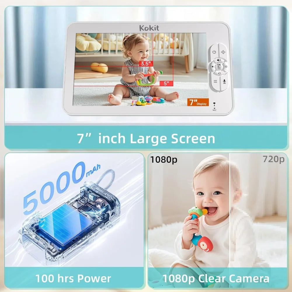 7" 1080P Full HD Split-Screen Baby Monitor,100 Hrs 5000mAh Battery Runs 4 Days with Flexible Bracket,No WiFi Baby Monitor with 2