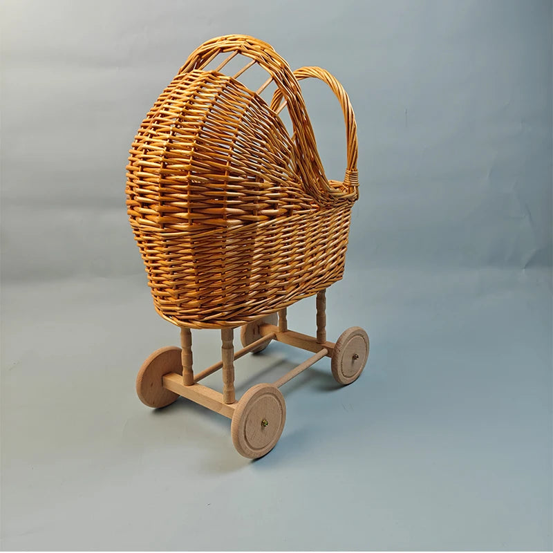Retro Rattan Doll Stroller Toy Studio Baby Photo Props Doll Carriage Child Room Decoration Baby Doll Cart Pretend Play Toys