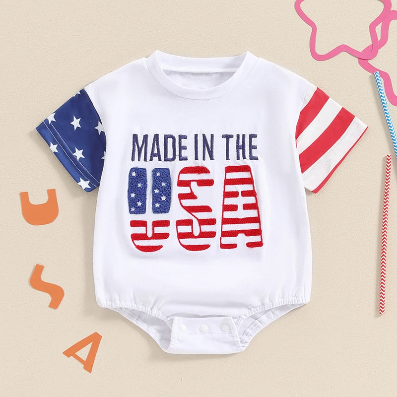 Baby Boy and Girl Romper Casual Letter Embroidery Striped Short Sleeve 4th of July Jumpsuit Toddler Summer Clothes