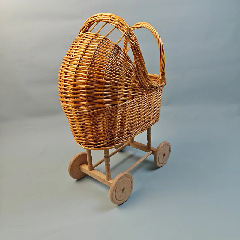 Retro Rattan Doll Stroller Toy Studio Baby Photo Props Doll Carriage Child Room Decoration Baby Doll Cart Pretend Play Toys