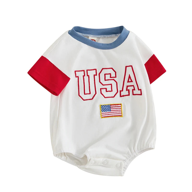 Baby 4th of July Romper Short Sleeve Round Neck Letter Flag Embroidery Bodysuit Infant Playsuit