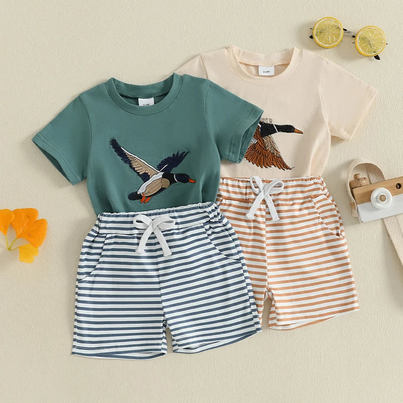 Adorable Infant Boy s Casual Wear Set with Cute Duck Print Tee and Striped Shorts for a Stylish Summer Look