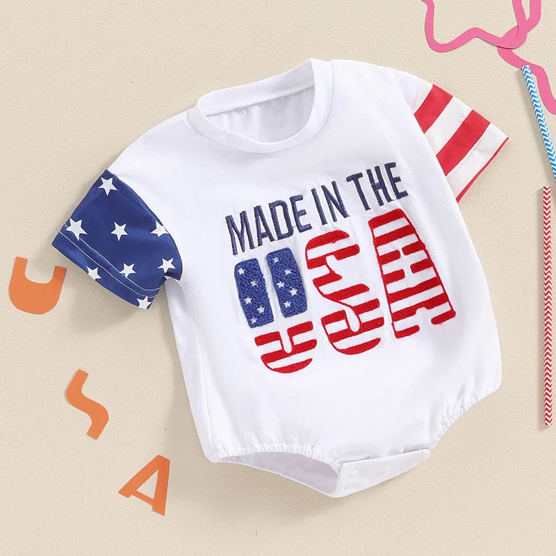 Baby Boy and Girl Romper Casual Letter Embroidery Striped Short Sleeve 4th of July Jumpsuit Toddler Summer Clothes