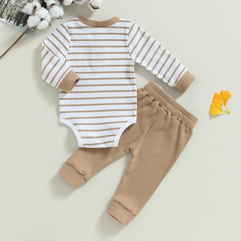 Autumn Infant Baby Boy Fall Outfits Long Sleeve Striped Print Romper + Pants Set Warm Clothes