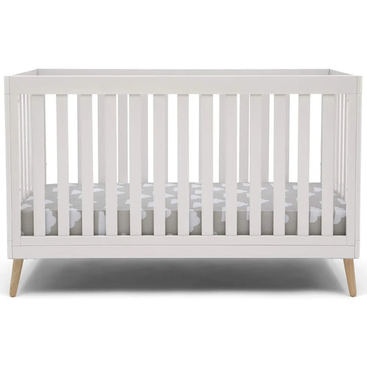 Bianca White 4-in-1 Convertible Crib, Adjustable Baby Bed with Natural Wood Legs