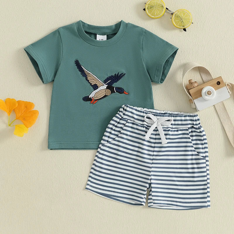 Adorable Infant Boy s Casual Wear Set with Cute Duck Print Tee and Striped Shorts for a Stylish Summer Look