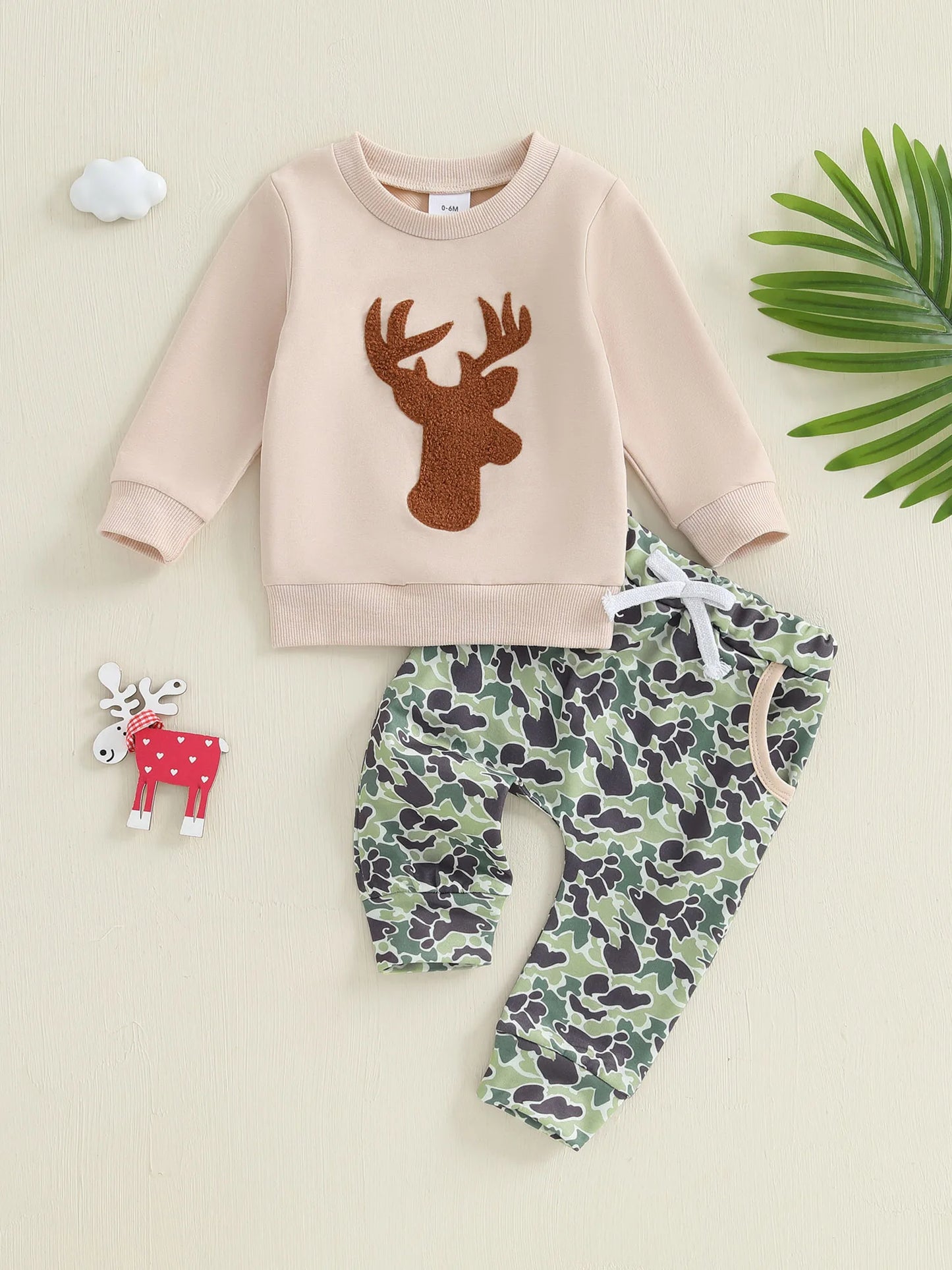 Toddler Boy Winter Outfit Reindeer Print Hoodie and Camo Joggers Set for Baby Boys Long Sleeve Sweatshirt and Pants