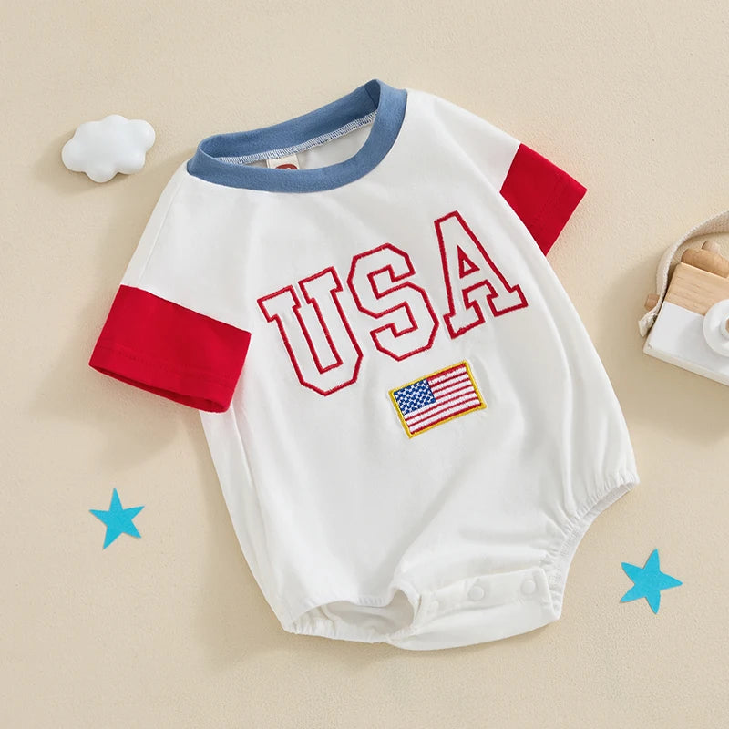 Baby 4th of July Romper Short Sleeve Round Neck Letter Flag Embroidery Bodysuit Infant Playsuit