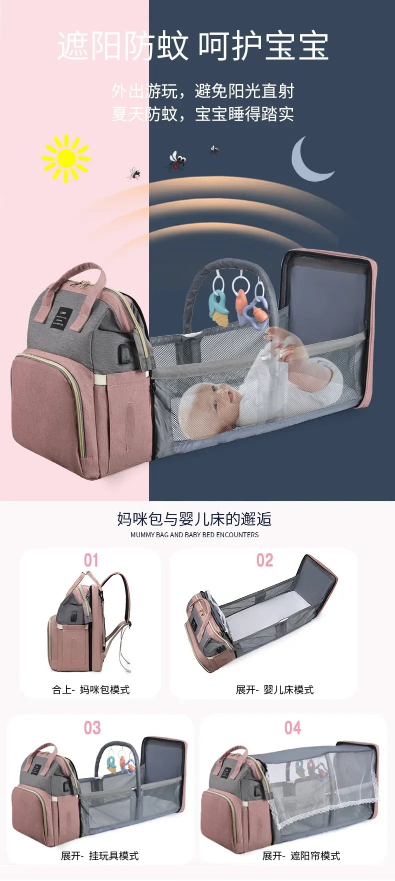 Mommy Bag Lightweight Portable Folding Crib Bed Large-capacity Travel Maternity Bags Baby Backpack Female Mommy Outting Bag Gift
