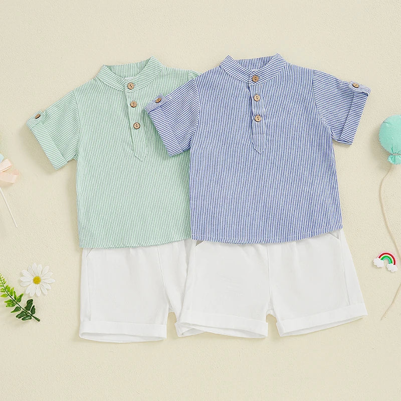 Toddler Boy Casual Summer Outfit Set with Striped Half Button-up Top and Solid Shorts for a Stylish Look