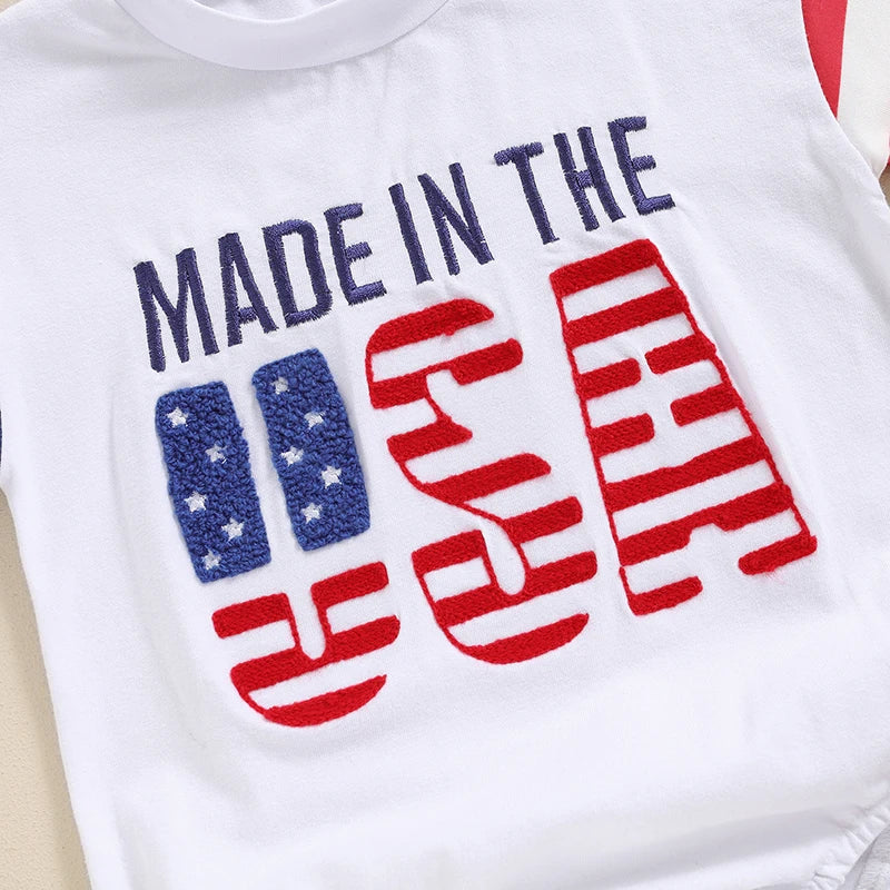 Baby Boy and Girl Romper Casual Letter Embroidery Striped Short Sleeve 4th of July Jumpsuit Toddler Summer Clothes