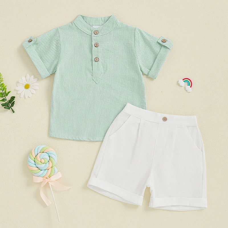 Toddler Boy Casual Summer Outfit Set with Striped Half Button-up Top and Solid Shorts for a Stylish Look