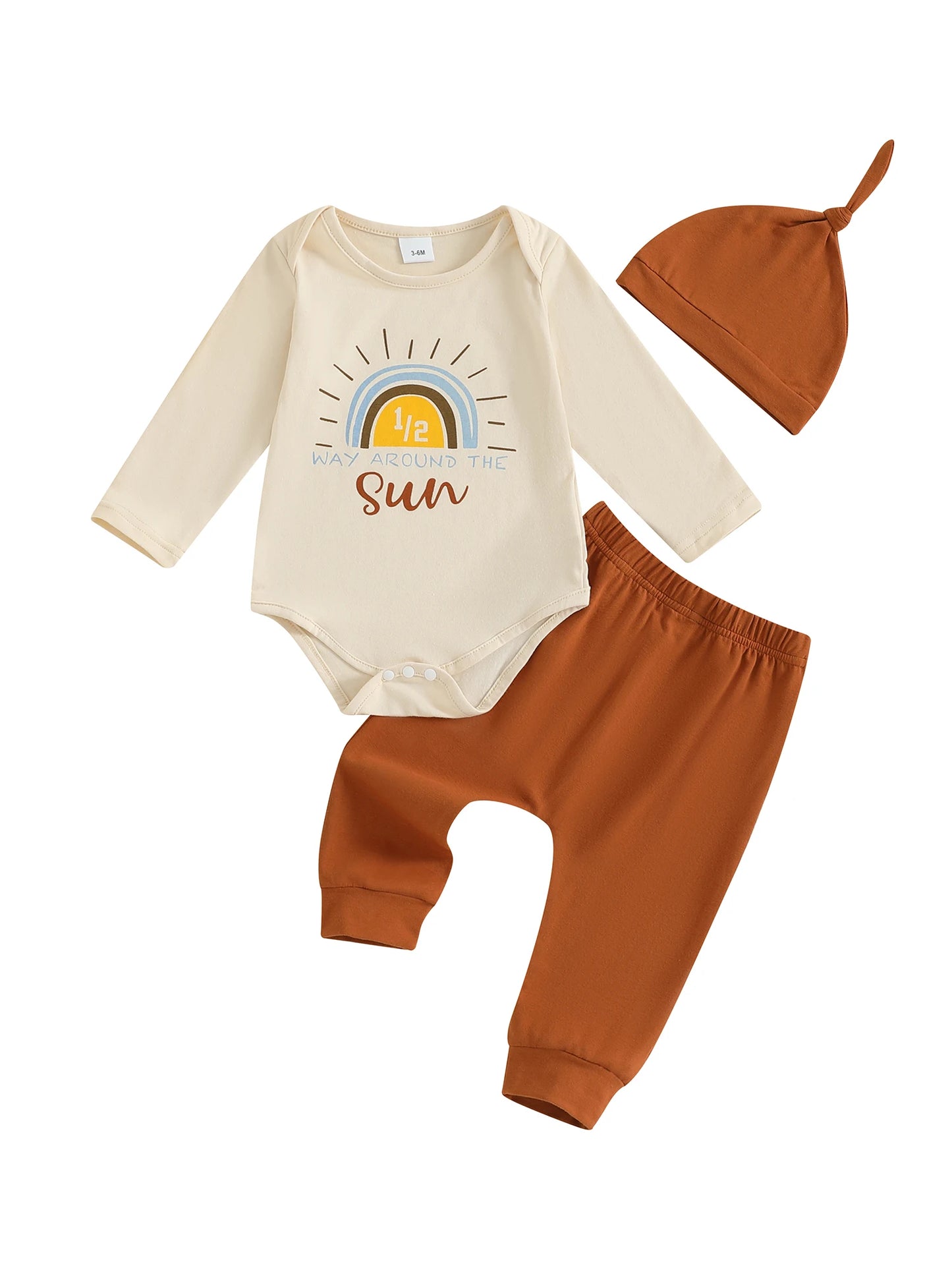 Infant 6 Month Celebration Ensemble with Sun Letter Print Long Sleeve Romper Solid Pants and Cap - 3 Piece Set for Half