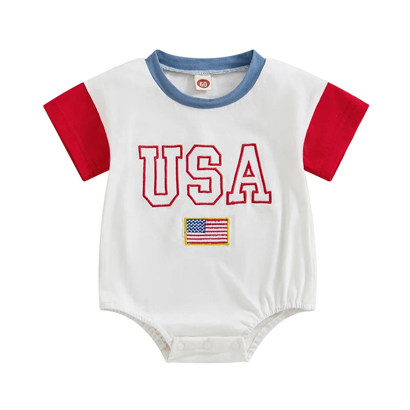 Baby 4th of July Romper Short Sleeve Round Neck Letter Flag Embroidery Bodysuit Infant Playsuit
