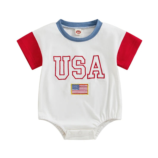 Baby 4th of July Romper Short Sleeve Round Neck Letter Flag Embroidery Bodysuit Infant Playsuit