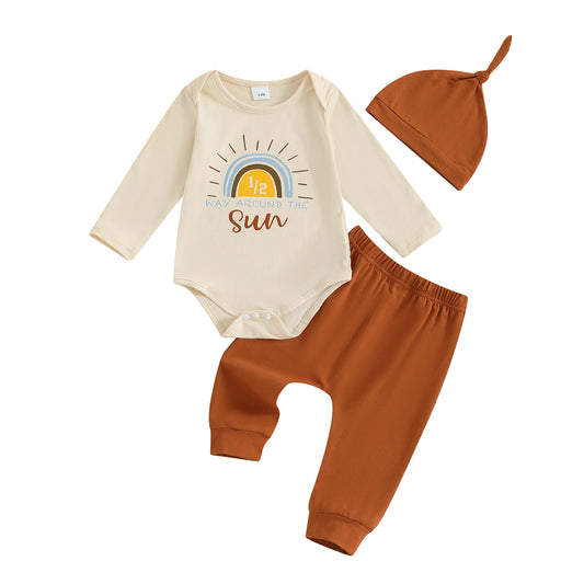Infant 6 Month Celebration Ensemble with Sun Letter Print Long Sleeve Romper Solid Pants and Cap - 3 Piece Set for Half