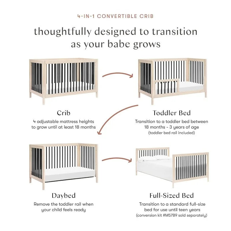 Gelato 4-in-1 Convertible Crib with Toddler Bed Conversion in Washed Natural and Black, Greenguard Gold Certified