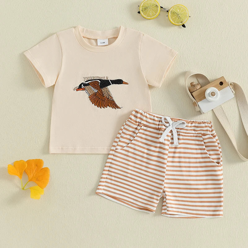 Adorable Infant Boy s Casual Wear Set with Cute Duck Print Tee and Striped Shorts for a Stylish Summer Look