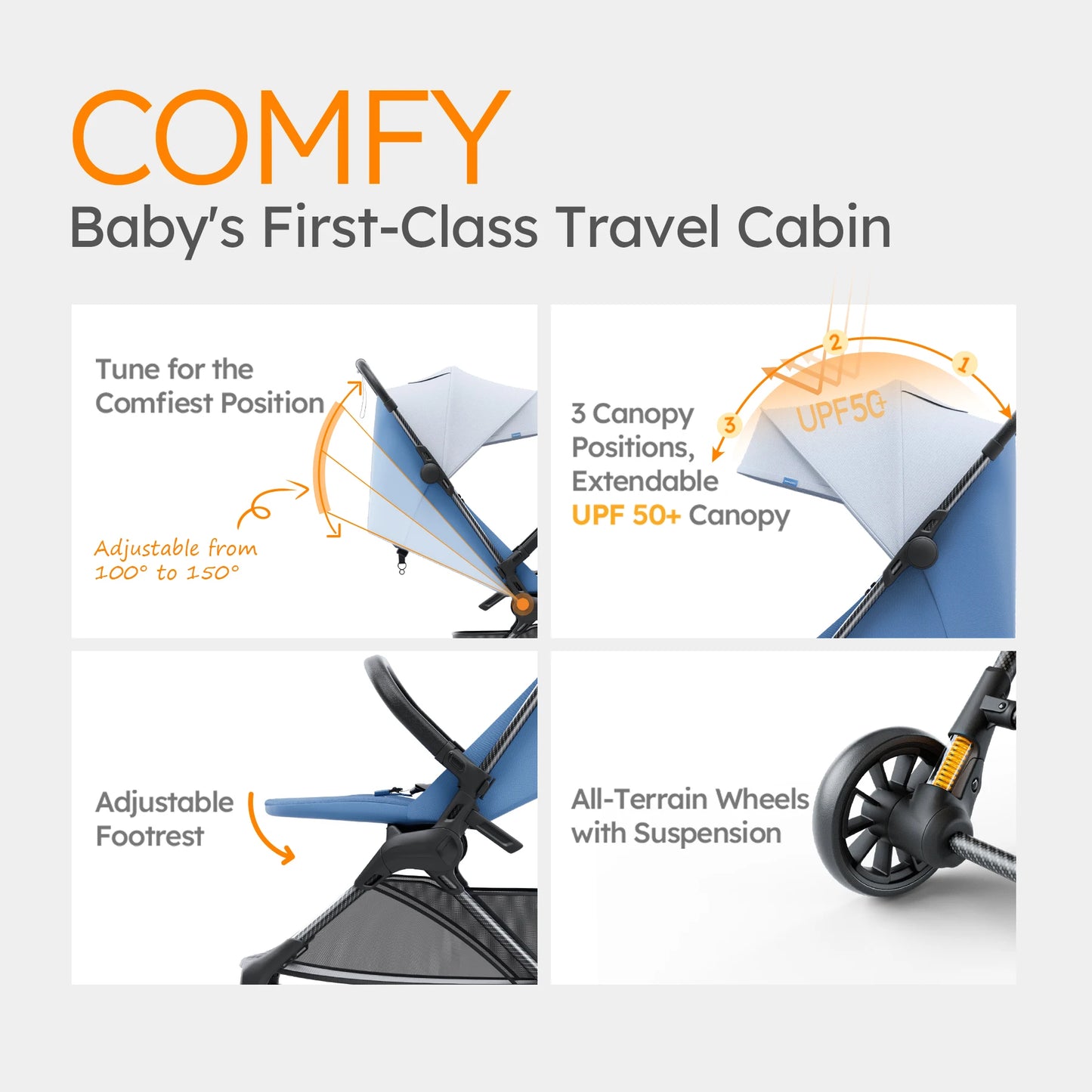 Ultra Air X Portable Baby Stroller 9.9lbs Carbon Fiber Frame with Safety Belt & Storage (BLUE)