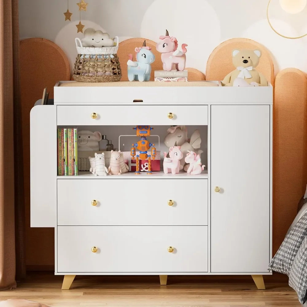 Nursery Dresser with Baby Changing Table, Modern Diaper Changing Station,Dresser for Nursery with 3 Drawers & Shelves,