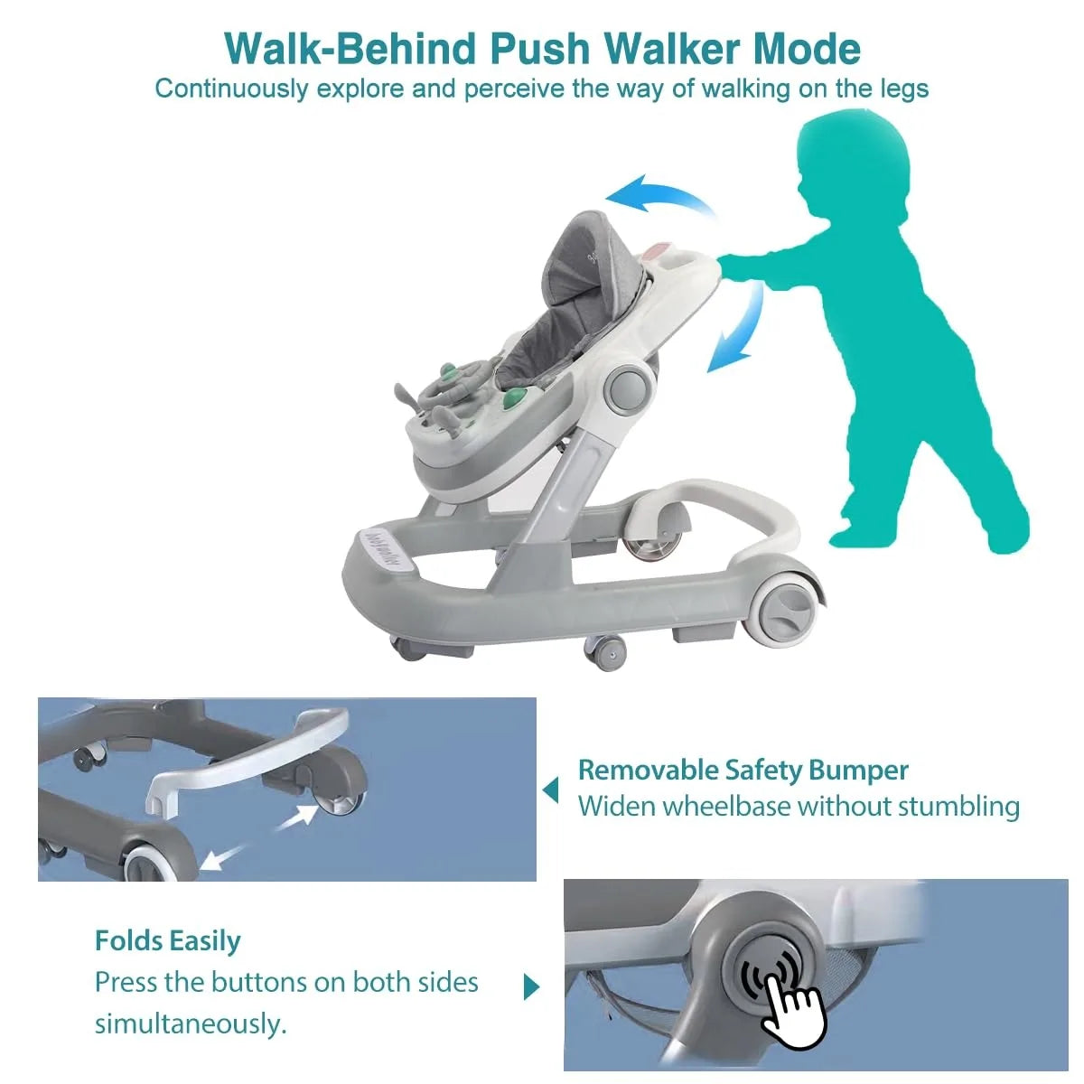 Foldable Activity Walker, Toddler Baby Push Walker with Removable Feeding Tray & Music Tray(Without Battery), 2 in 1 Baby Walker